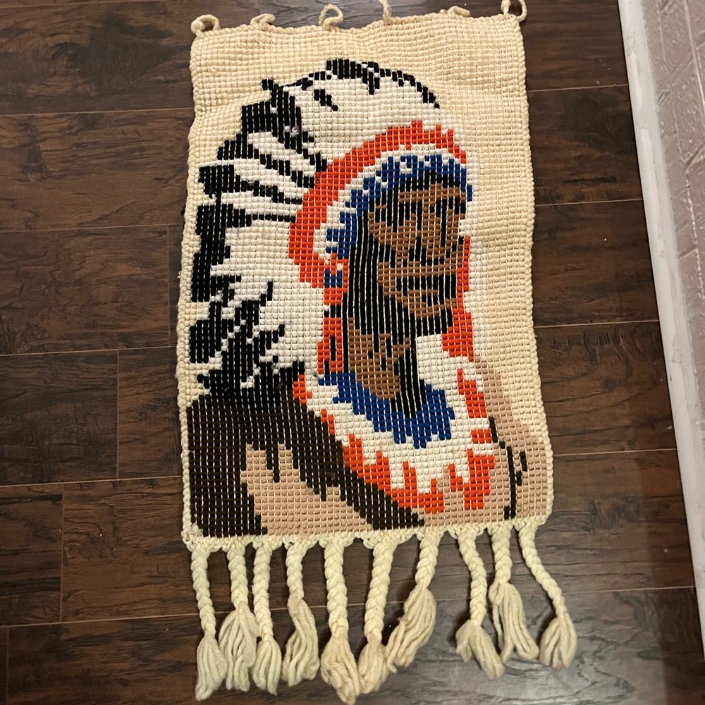 Vintage 70s Wool Latch Hook Wall Hanging 32x17 Folk Art Western Fiber Decor - Picture 3 of 3